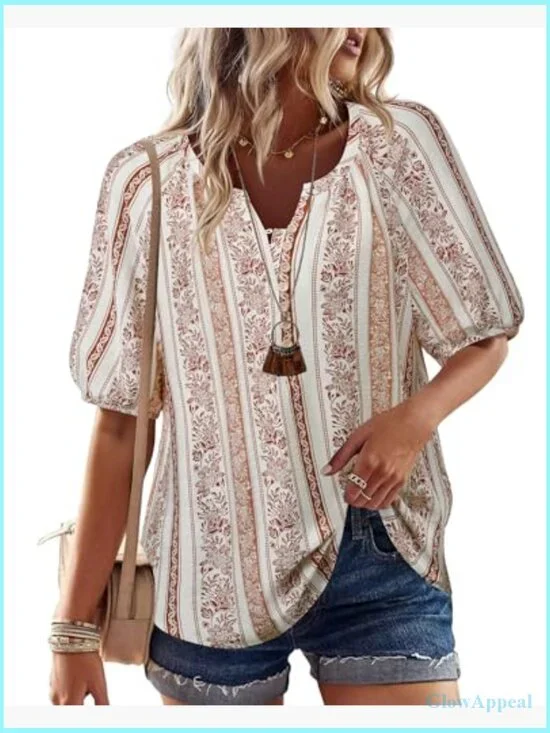 V-Neck Short Sleeve Button Down Blouse, Rayon Nylon Blend, Loose Fit Boho - Picture 2 of 5